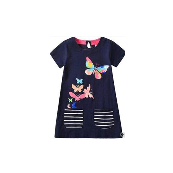 Toddler Girl Butterfly Print Stripe Short-sleeve Dress with Pocket