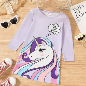 Toddler Girl Letter Unicorn Print Long-sleeve Dress