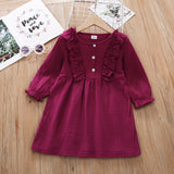 Toddler Girl Flounced Long Ruffle-sleeve Solid Dress