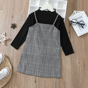 2-piece Toddler Girl Stand Collar Ribbed Long-sleeve Black Top and Plaid Strap Dress