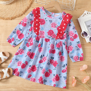 Toddler Girl Heart Print Ruffled Back Button Design Floral Print Long-sleeve Sweet Dress