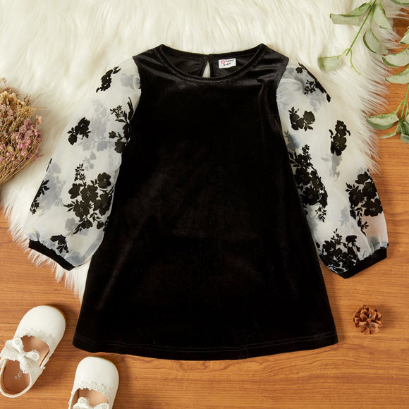 Toddler Girl Floral Print Mesh Sleeve Velvet Dress