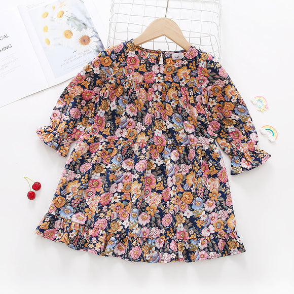 Toddler Girl Round-collar Ruffle Long-sleeve Floral Print Dress