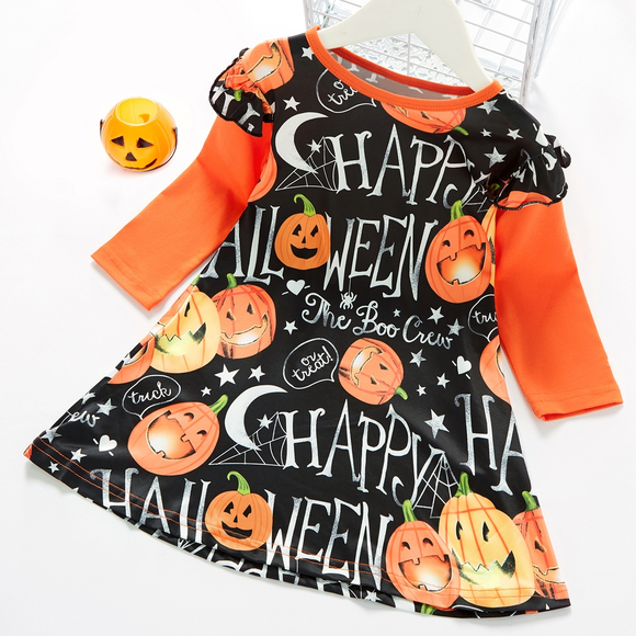 Toddler Girl Halloween Letter Pumpkin Stars Print Long sleeve Dress