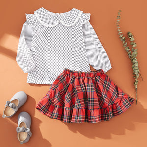 2 piece Toddler Girl Doll Collar Polka dots Blouse and Plaid Skirt Set