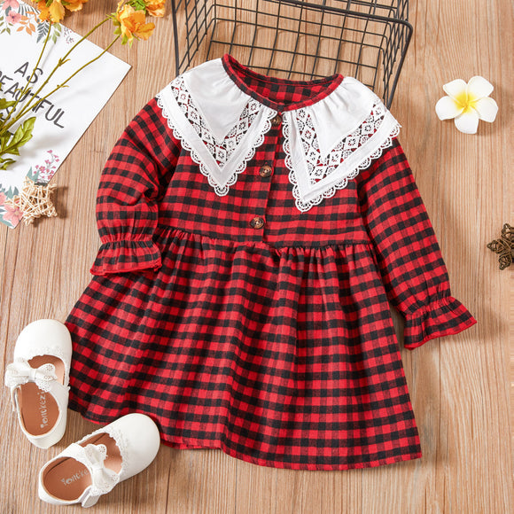 Toddler Girl Lace Doll Collar Button Design Long-sleeve Plaid Dress