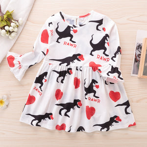 Toddler Girl Letter Heart Dinosaur Print Bell sleeves Dress