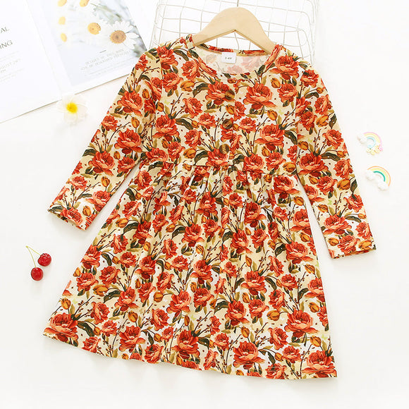 Toddler Girl Floral Print Button Design Long-sleeve Dress