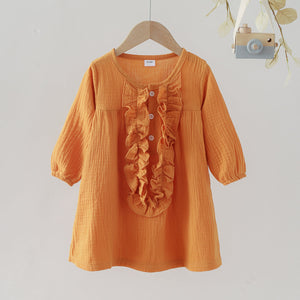 Toddler Girl Ruffle Button Design Long sleeve Solid Dress