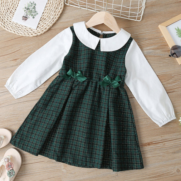 Toddler Girl Doll Collar Bowknot Design Plaid Colorblock Long-sleeve Dress