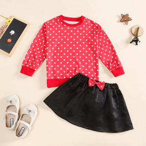 2-piece Toddler Girl Polka dots PulloverFlounce Pompom Design Top  and Bowknot Design SolidFloral Print Skirt Set