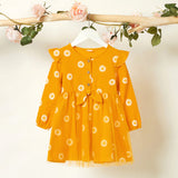 Toddler Girl Floral Daisy Print Button Design Bowknot Ruffle Long-sleeve Tulle Dress