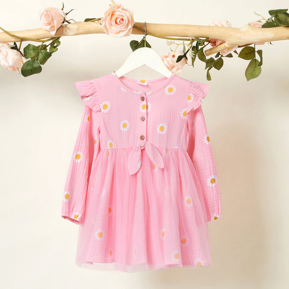 Toddler Girl Floral Daisy Print Button Design Bowknot Ruffle Long-sleeve Tulle Dress