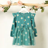 Toddler Girl Floral Daisy Print Button Design Bowknot Ruffle Long-sleeve Tulle Dress