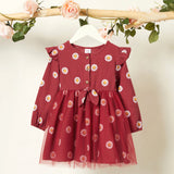 Toddler Girl Floral Daisy Print Button Design Bowknot Ruffle Long-sleeve Tulle Dress