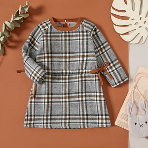 Toddler Girl Bowknot Button Design Long sleeve Plaid Dress