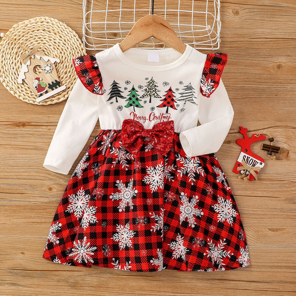 Toddler Girl Christmas Tree Snowflake Print Bowknot Decor Long sleeve Plaid Dress