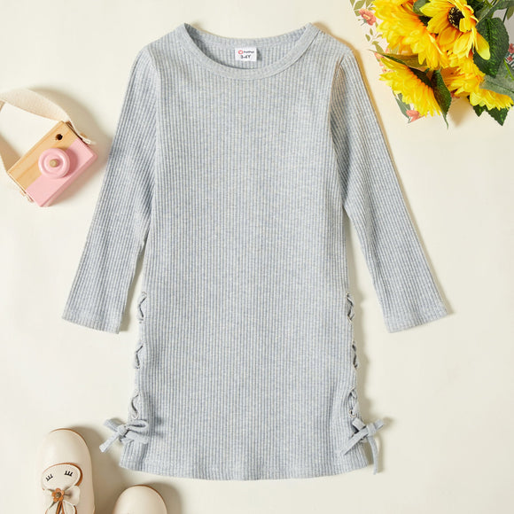 Toddler Girl Side Grommet Eyelets Lace Up Long-sleeve Solid Dress