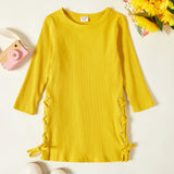 Toddler Girl Side Grommet Eyelets Lace Up Long-sleeve Solid Dress