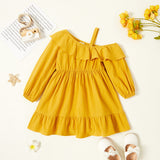 Toddler Girl 100% Cotton Flounce One Shoulder Ruffle Hem Strap Long-sleeve Solid Dress