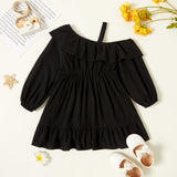 Toddler Girl 100% Cotton Flounce One Shoulder Ruffle Hem Strap Long-sleeve Solid Dress