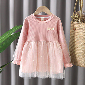 Toddler Girl Bowknot Design Ribbed Glitter Long Ruffle-sleeve Mesh Tulle Dress