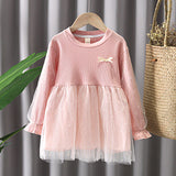 Toddler Girl Bowknot Design Ribbed Glitter Long Ruffle-sleeve Mesh Tulle Dress