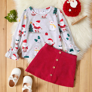 2-piece Toddler Girl Christmas Santa Print Bell sleeves Tee and Button Design Skirt Set