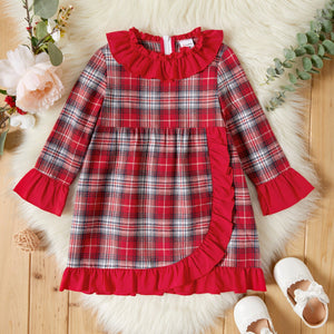 Toddler Girl Flounce Bell sleeves Ruffle Hem Red Plaid Dress