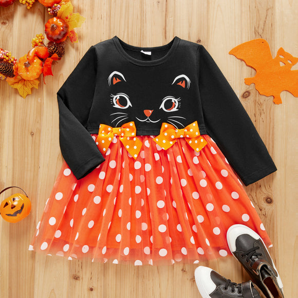 Toddler Girl Cat Print Polka dots Bowknot Design Stitching Long-sleeve Tulle Dress