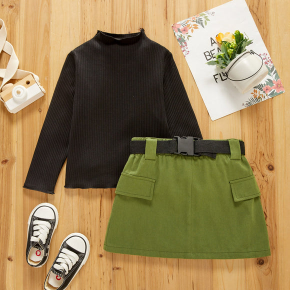 2-piece Toddler Girl Mock Neck Long-sleeve Ribbed Black Tee and Green Skirt with Buckle Belt Set