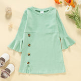 Toddler Girl Round-collar Button Design Side Slit Bell sleeves Solid Dress