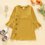 Toddler Girl Round-collar Button Design Side Slit Bell sleeves Solid Dress