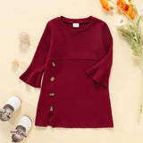 Toddler Girl Round-collar Button Design Side Slit Bell sleeves Solid Dress