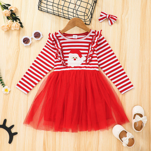 Toddler Girl Christmas Santa Print Ruffle Stripe Long-sleeve Tulle Dress