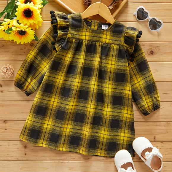 Toddler Girl Ruffled Pompom Design Long-sleeve Plaid Dress