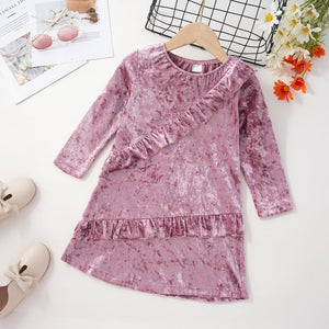 Toddler Girl Irregular Ruffle Long-sleeve Solid Velvet Dress