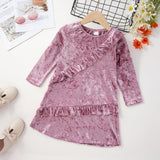 Toddler Girl Irregular Ruffle Long-sleeve Solid Velvet Dress