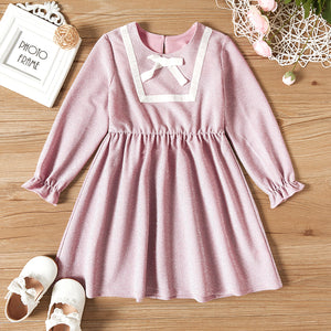 Toddler Girl Round-collar Glitter Bowknot Decor Ruffle-sleeve Dress