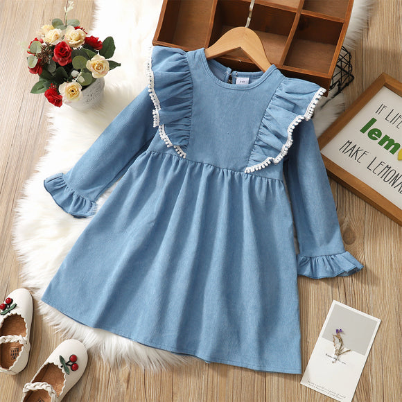 Toddler Girl Pompom Design Ruffled Long-sleeve Denim Dress