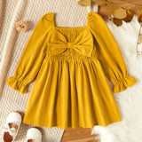 Toddler Girl 100% Cotton Square Neck Bowknot Long-sleeve Smocked Dress