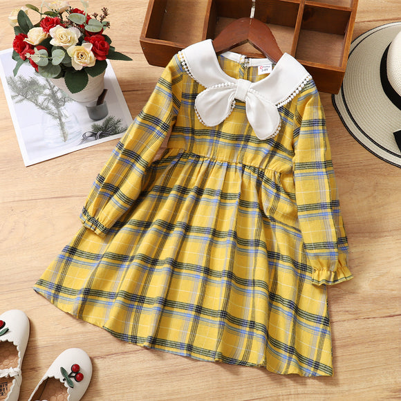 Toddler Girl Doll Collar Bowknot Design Long Ruffle-sleeve Plaid Dress