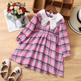 Toddler Girl Doll Collar Bowknot Design Long Ruffle-sleeve Plaid Dress