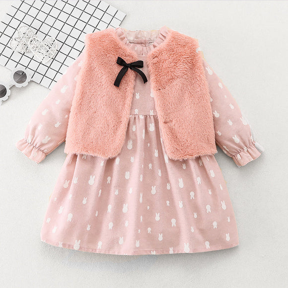 2-piece Toddler Girl Rabbit Print Frill Collar Pink Long-sleeve Dress and Bowknot Design Fuzzy Vest Set