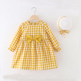 2-piece Plaid Bowknot Button Design Long-sleeve Dress and Straw Hat Set