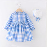 2-piece Plaid Bowknot Button Design Long-sleeve Dress and Straw Hat Set