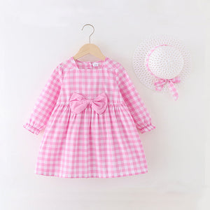 2-piece Plaid Bowknot Button Design Long-sleeve Dress and Straw Hat Set