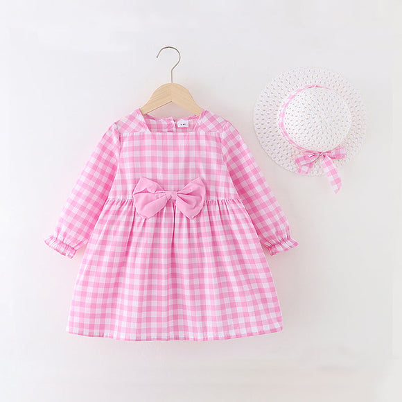 2-piece Plaid Bowknot Button Design Long-sleeve Dress and Straw Hat Set