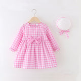 2-piece Plaid Bowknot Button Design Long-sleeve Dress and Straw Hat Set