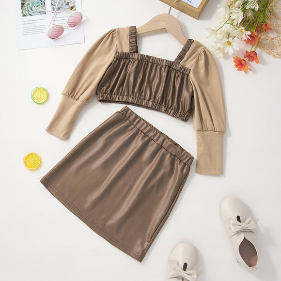 2-piece Toddler Girl Square Neck Leather Crop Top and Skirt Set